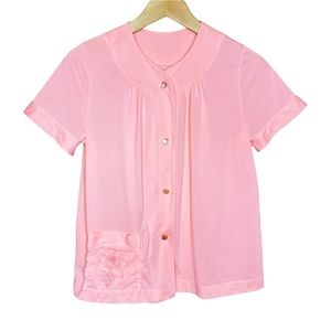 Vintage 60s Pink Rose Embroidered Button Front Dressing Pajama Top
